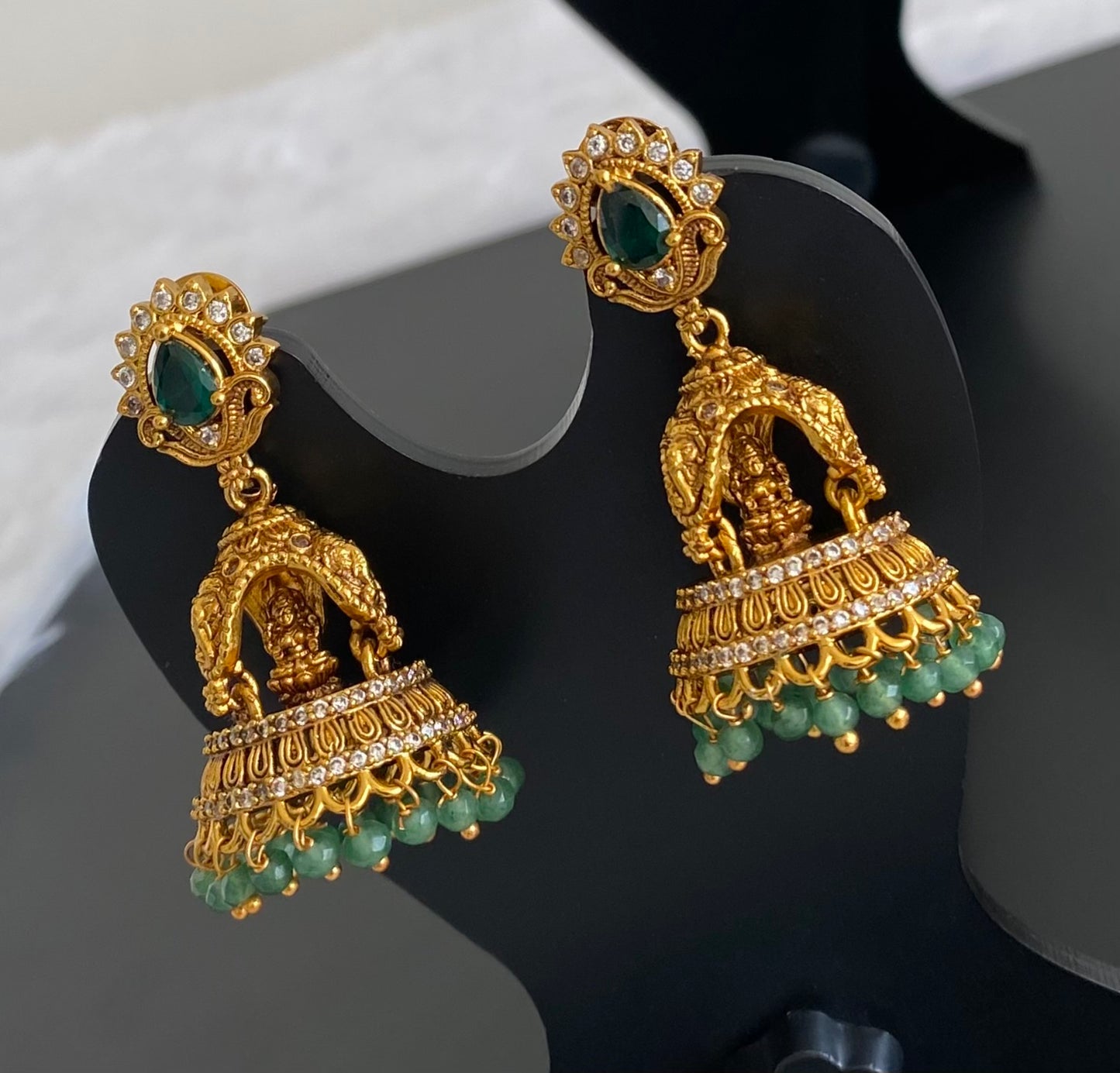Matte finish white-green elephant Lakshmi jhumkka dj-53573