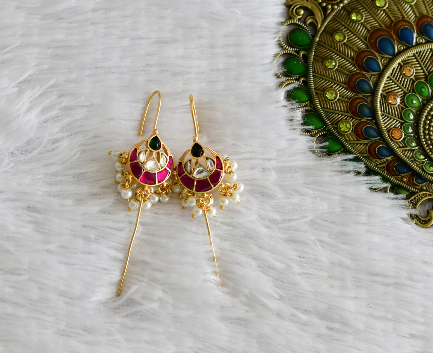 Gold tone pink-green-white kundan jadau bali bugadi needle earrings dj-52456