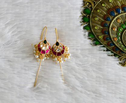Gold tone pink-green-white kundan jadau bali bugadi needle earrings dj-52456