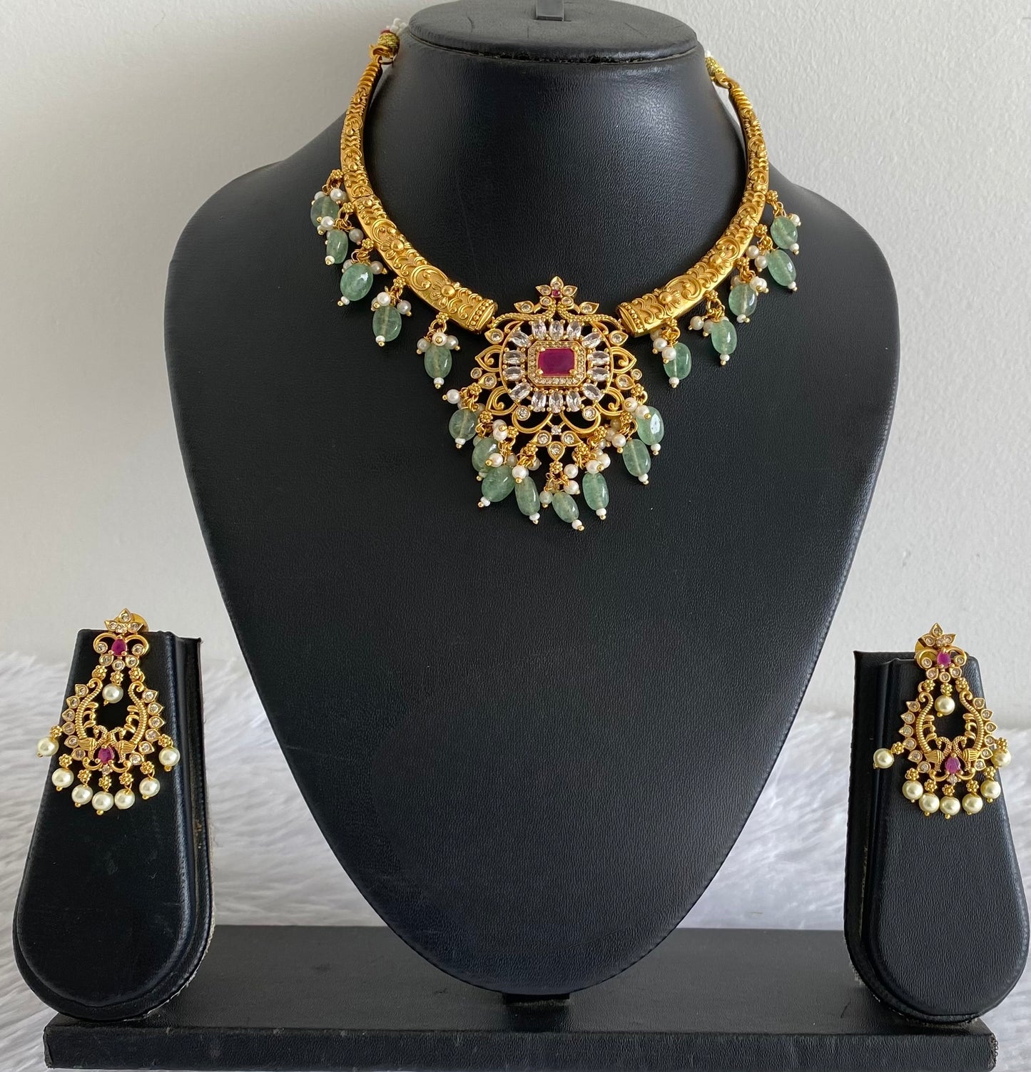 Matte finish ruby-green-white sea green beaded block stone kante necklace set dj-45339