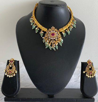Matte finish ruby-green-white sea green beaded block stone kante necklace set dj-45339