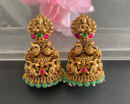 Antique gold tone pink-green beaded Lakshmi jhumkka dj-51047