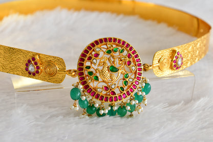 Gold tone pink-green-white kundan jadau Peacock mango waist band dj-52174