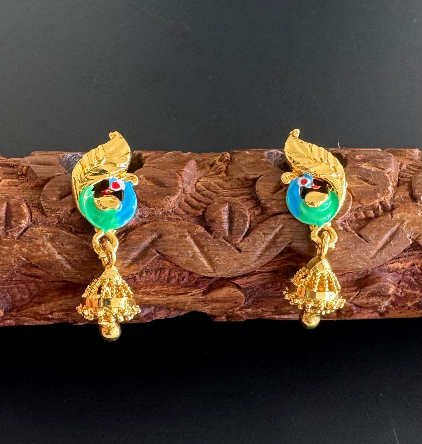 Gold tone blue-green small enamel peacock jhumkka dj-51288