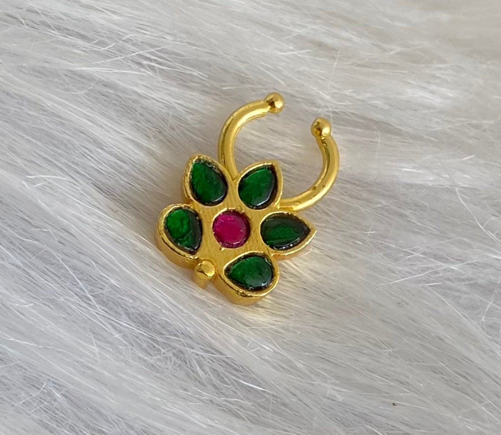 Gold tone kundan jadau green-pink stone flower nose pin/bulakku dj-53780