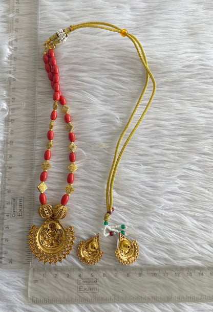 Matte finish coral-kemp stone lakshmi necklace set dj-46329