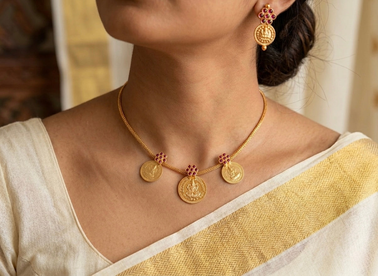 Gold tone pink stone lakshmi coin necklace set dj-53082