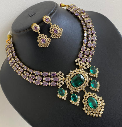 Antique gold tone cz white stone purple-green necklace set dj-54808