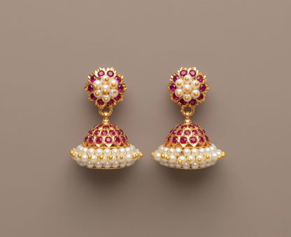 Gold tone South Indian style pink pearl jhumkka dj-51886