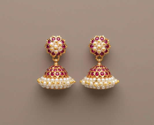 Gold tone South Indian style pink pearl jhumkka dj-51886