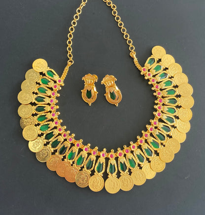 Gold Tone Ruby-green Nagapadam Lakshmi Coin Necklace Set Dj-51121