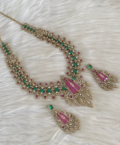 Antique gold cz white-pink peacock green stone haar set dj-54563