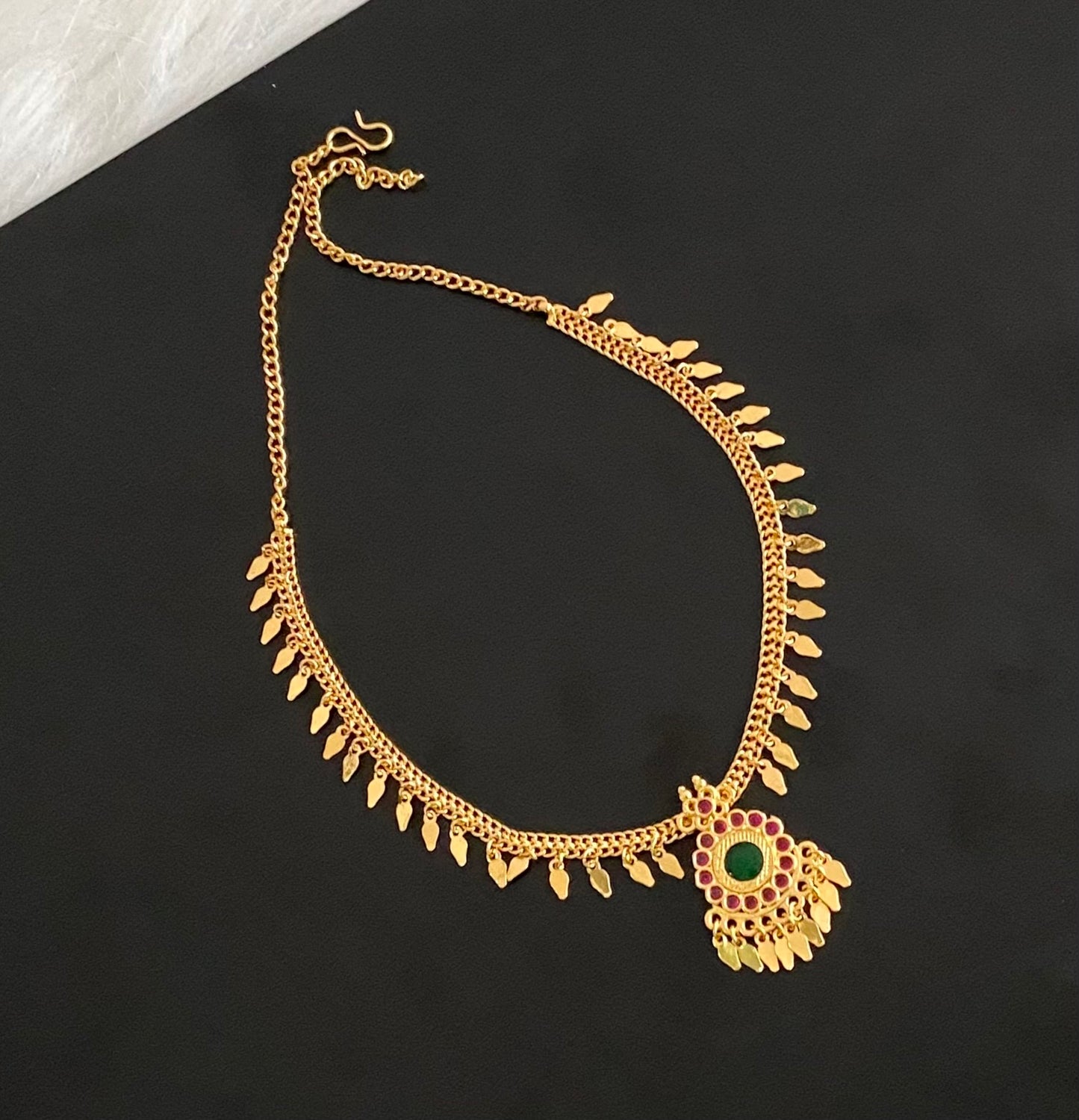 Gold tone pink-green stone elakka thali necklace  dj-54486