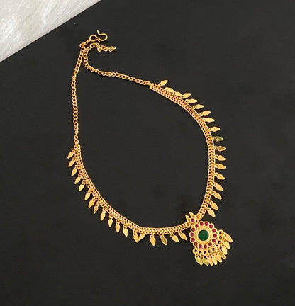 Gold tone pink-green stone elakka thali necklace  dj-54486