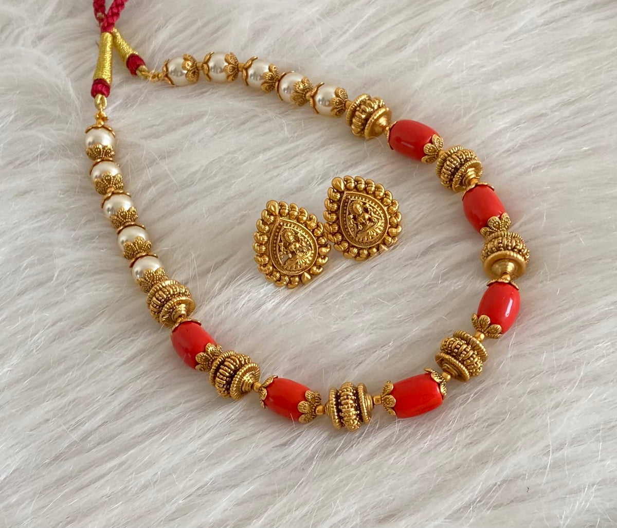 Antique gold tone coral pearl nakshi beaded necklace set dj-54945