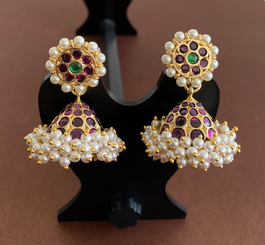 Gold tone precious kemp-green stone pearl jhumkka dj-53217