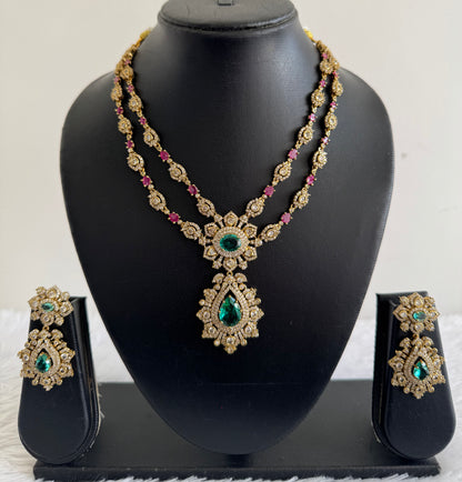 Antique gold tone ruby-sea green floral double layer necklace set dj-52128