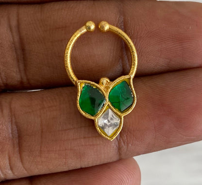 Gold tone kundan jadau green-white stone nose pin/bulakku dj-53745