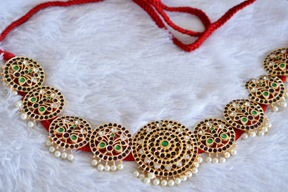 Gold tone precious kemp-green pearl round peacock waist band dj-52541