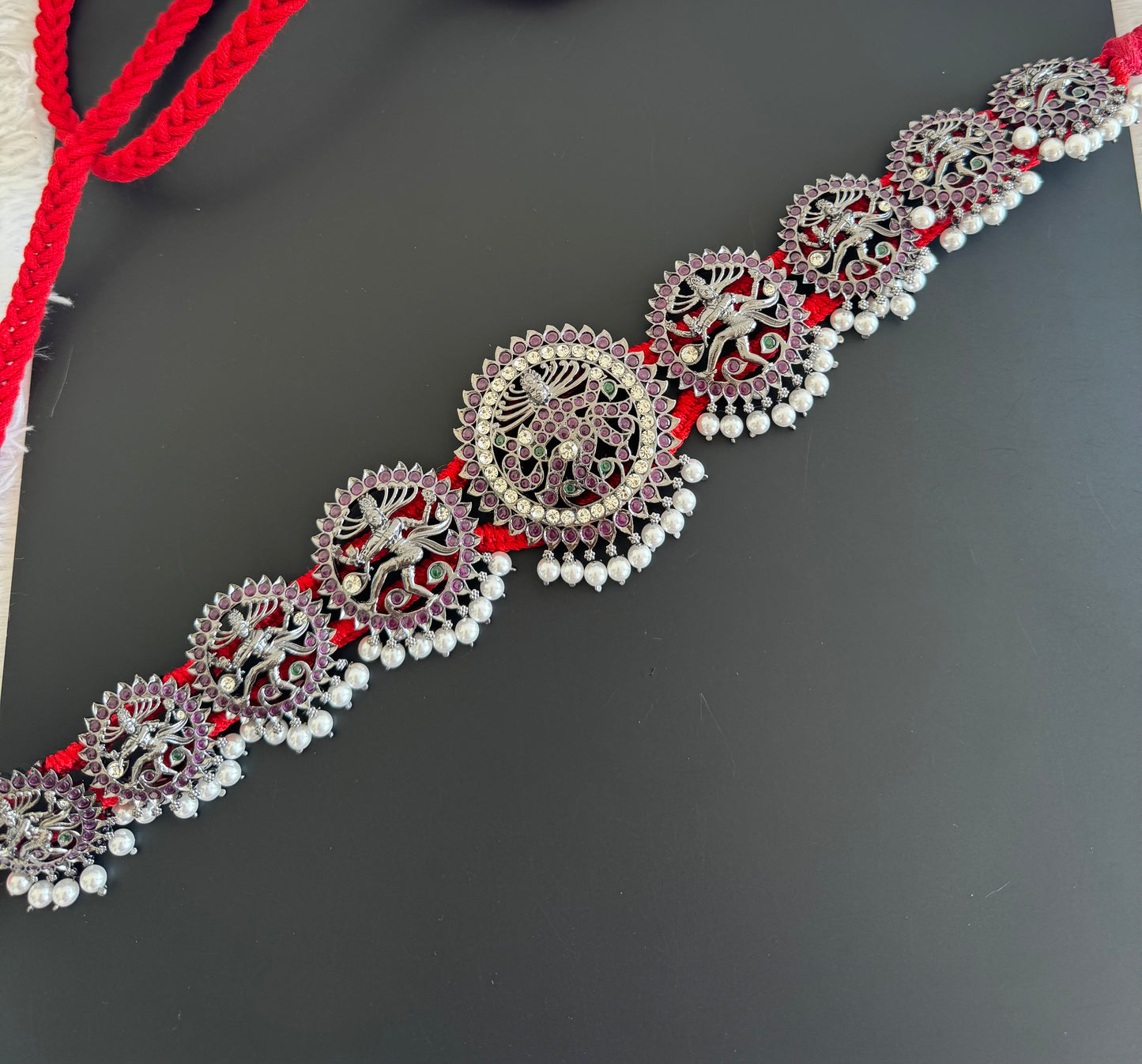 Black finish precious kemp-green-white pearl natarajar waist band dj-50861