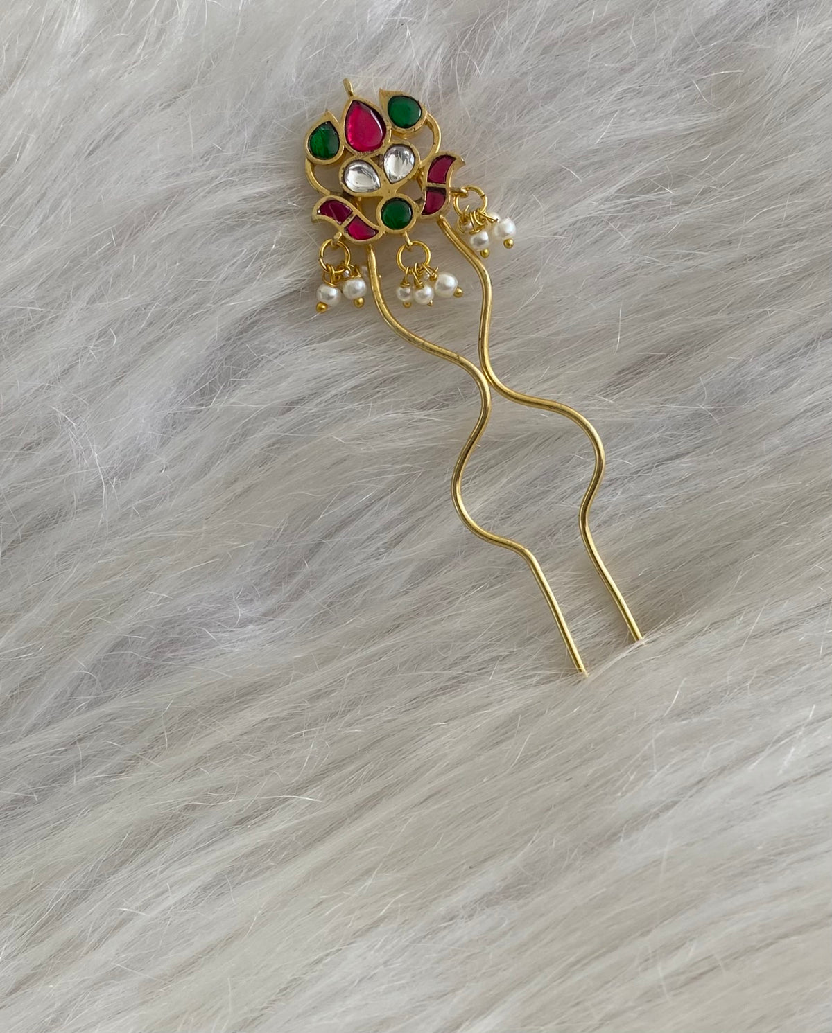 Gold tone kundan jadau kemp-green-white pearl hair jewel/pin dj-55064
