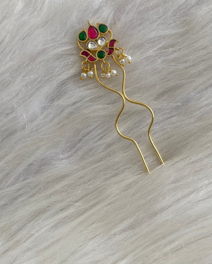 Gold tone kundan jadau kemp-green-white pearl hair jewel/pin dj-55064