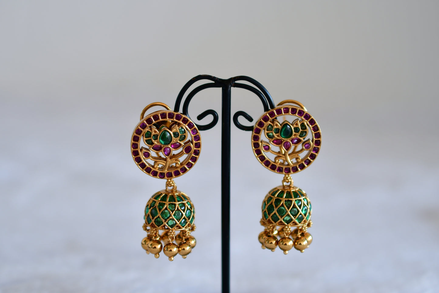 Antique gold tone cz kemp-green lotus jhumkka dj-52549