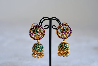 Antique gold tone cz kemp-green lotus jhumkka dj-52549
