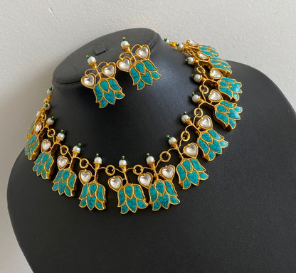 Gold tone blue-white kundan jadau lotus heart necklace set dj-53601