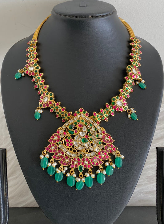 Gold tone Red-green-white kundan jadau peacock-mango necklace dj-35835