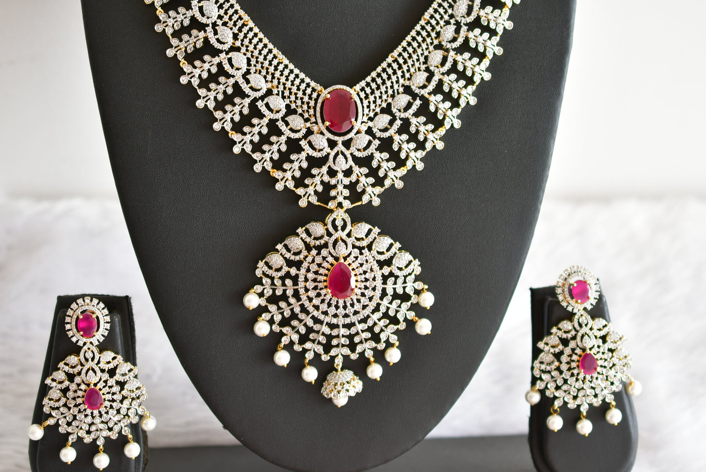 Two tone ruby-white bridal big necklace set dj-51980