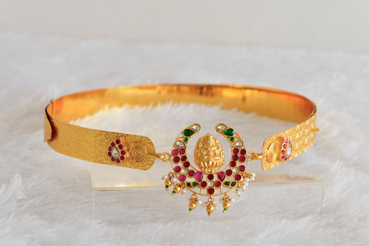 Gold tone pink-green-white kundan jadau Lakshmi mango waist band dj-52171