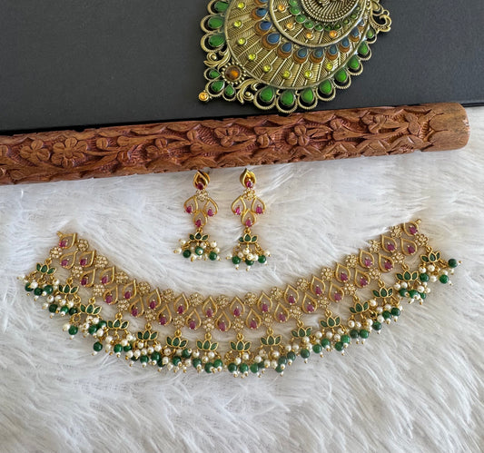 Matte finish kemp-green lotus pearl cluster choker necklace set dj-52127