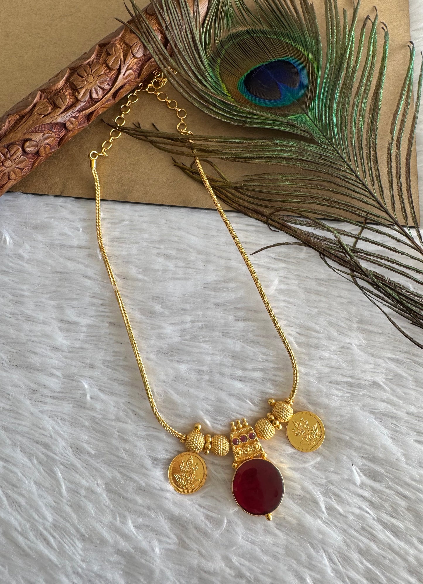 Gold tone pink-red kerala style round kodi Lakshmi coin necklace dj-51706