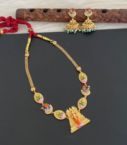 Matte finish meenakari peacock ma meenakshi gopuram necklace set dj-54746