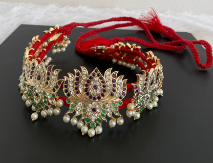 Gold tone precious kemp-green-white pearl lotus waist band dj-53377