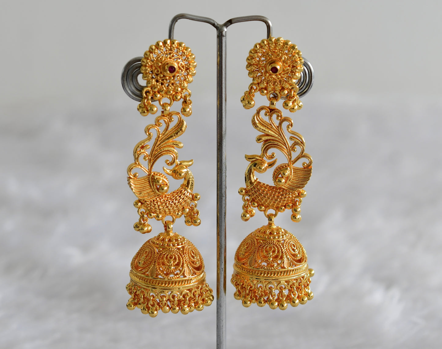 Gold Tone Kerala style pink peacock long jhumkka dj-51797