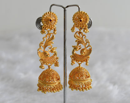 Gold Tone Kerala style pink peacock long jhumkka dj-51797