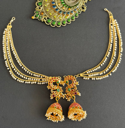 Matte finish kemp-green peacock jhumkka with pearl multilayer ear side chain dj-51492