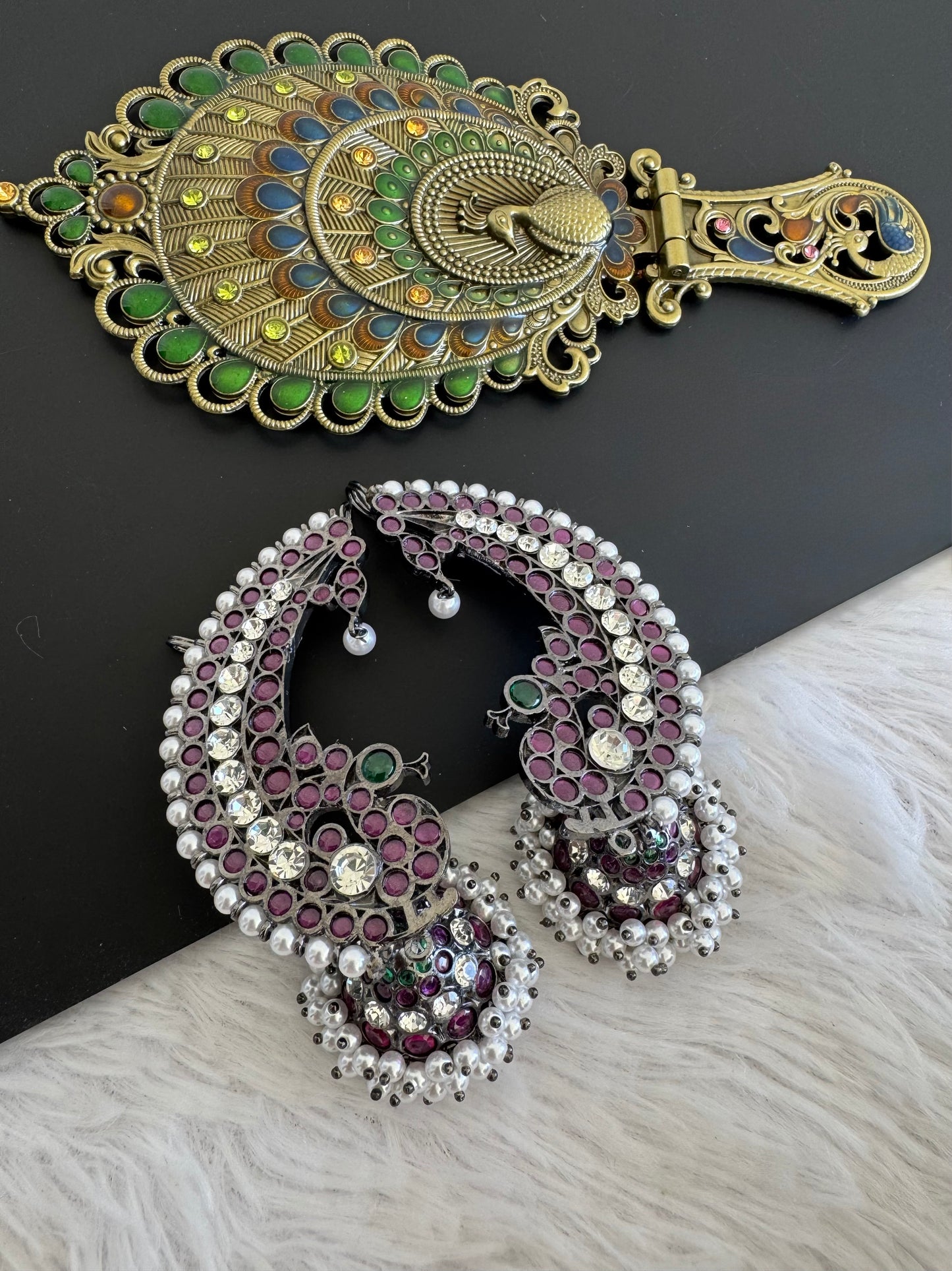 Black finish precious kemp-green pearl khanpool peacock jhumkka dj-52520
