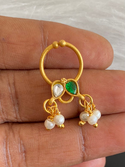 Gold tone kundan jadau green-white stone pearl nose pin/bulakku dj-53806
