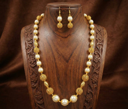 Antique gold tone pearl beaded necklace set-dj04597
