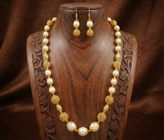 Antique gold tone pearl beaded necklace set-dj04597