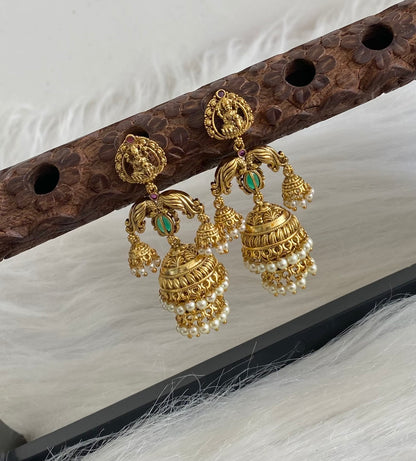 Antique gold tone kemp-green pearl peacock lakshmi step jhumkka dj-54566