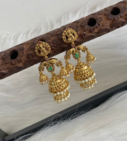 Antique gold tone kemp-green pearl peacock lakshmi step jhumkka dj-54566