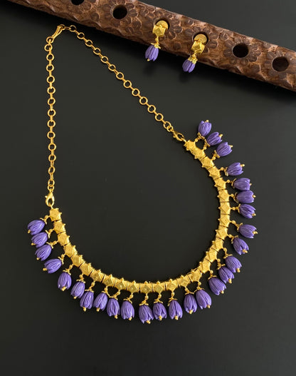 Antique gold tone dark purple tulip beaded necklace set dj-54318