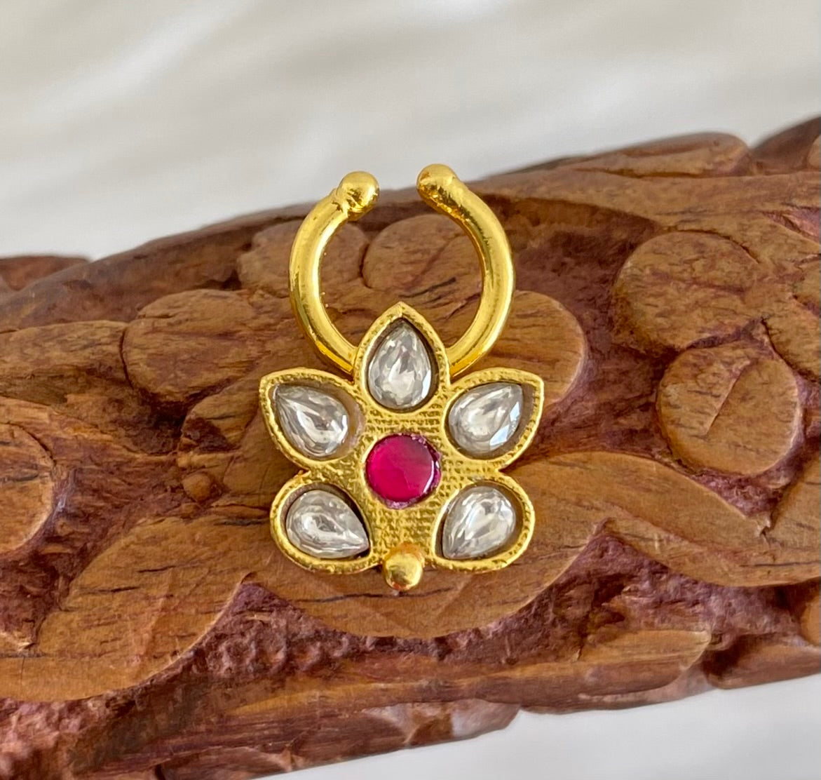 Gold tone kundan jadau pink-white stone flower nose pin/bulakku dj-53778
