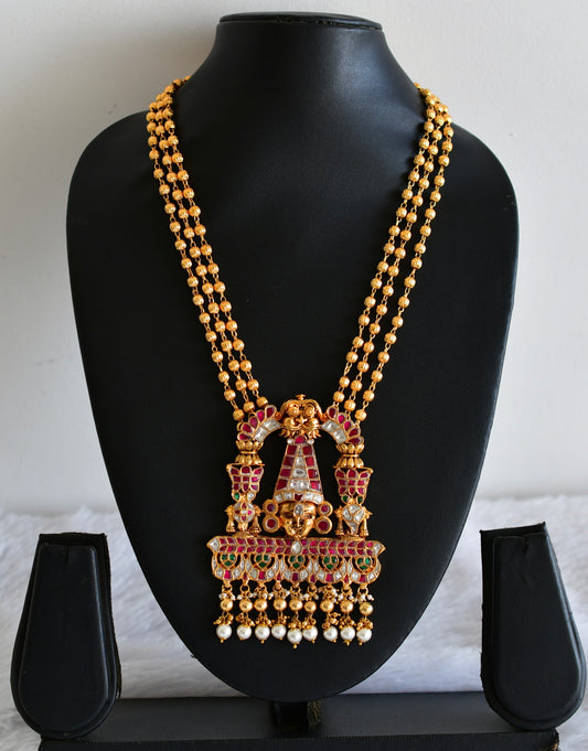 Gold tone pink-green kundan jadau Shri Thirumal necklace dj-52577