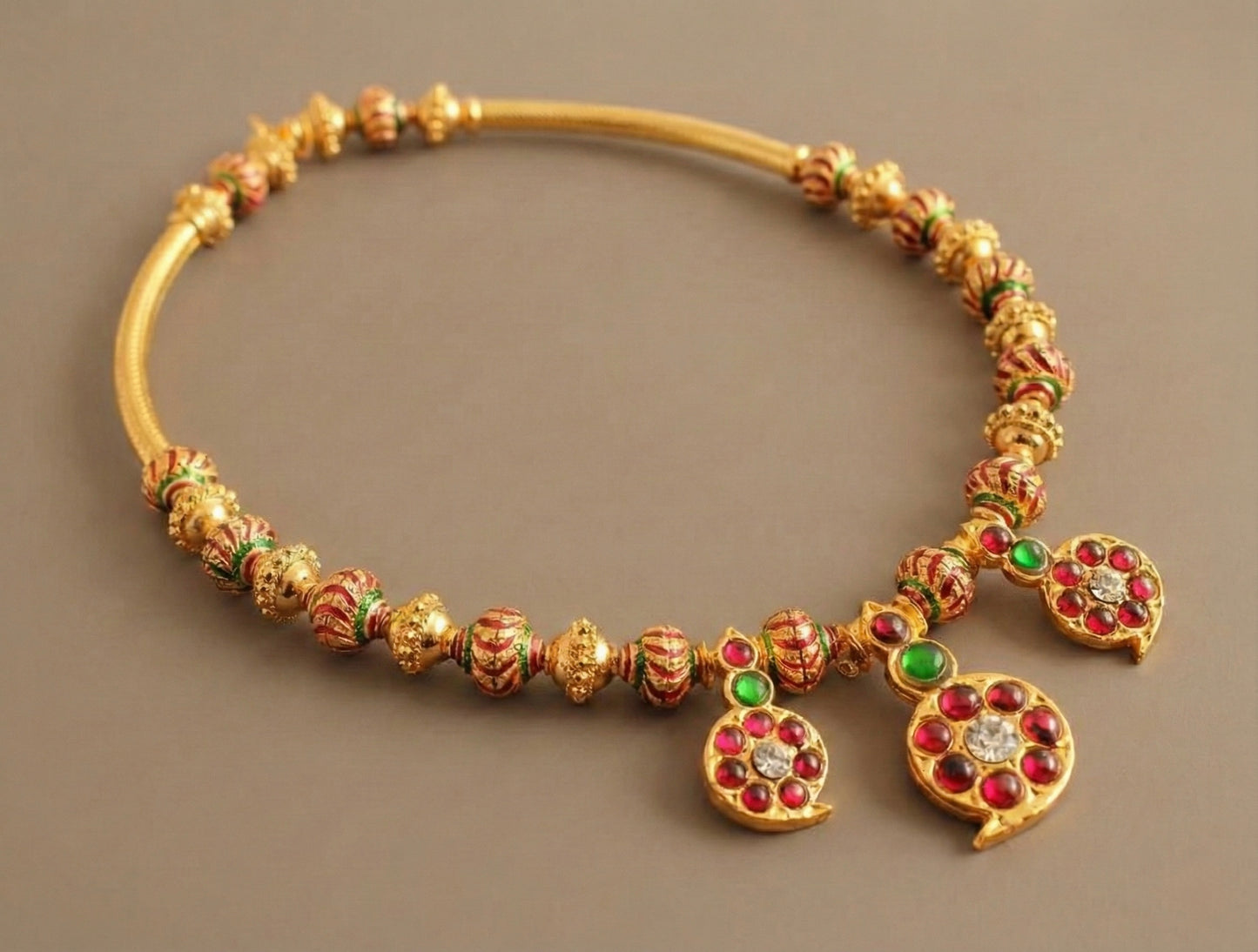 Gold tone kemp-green meenakari beaded Mango Necklace Set-dj13172
