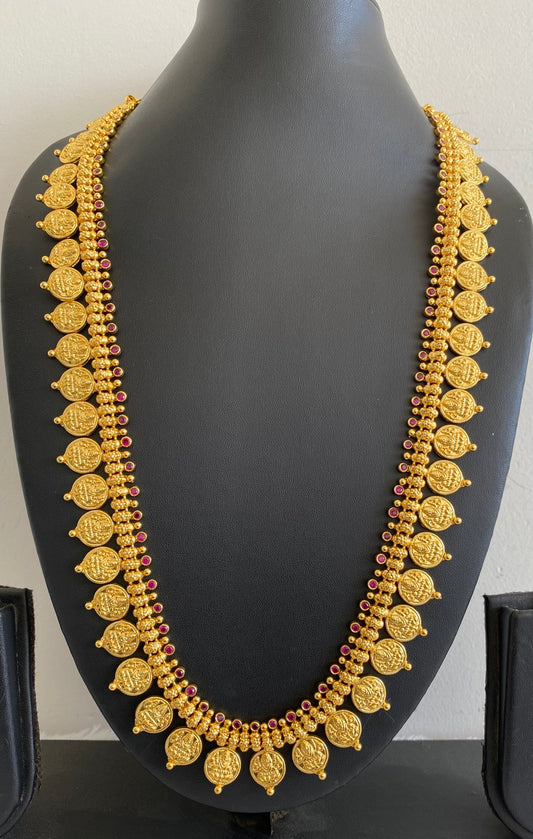 Gold tone pink stone lakshmi coin haar dj-53173